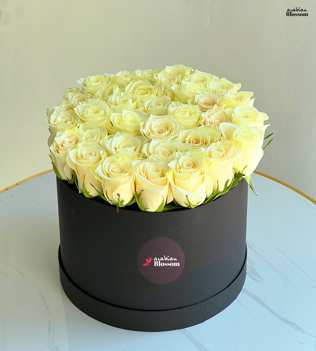 Exotic White Roses in Black Box