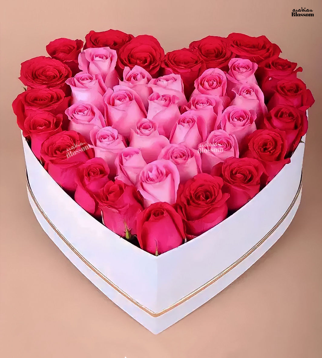 Light N Dark Pink Roses in White Heart Shape Box