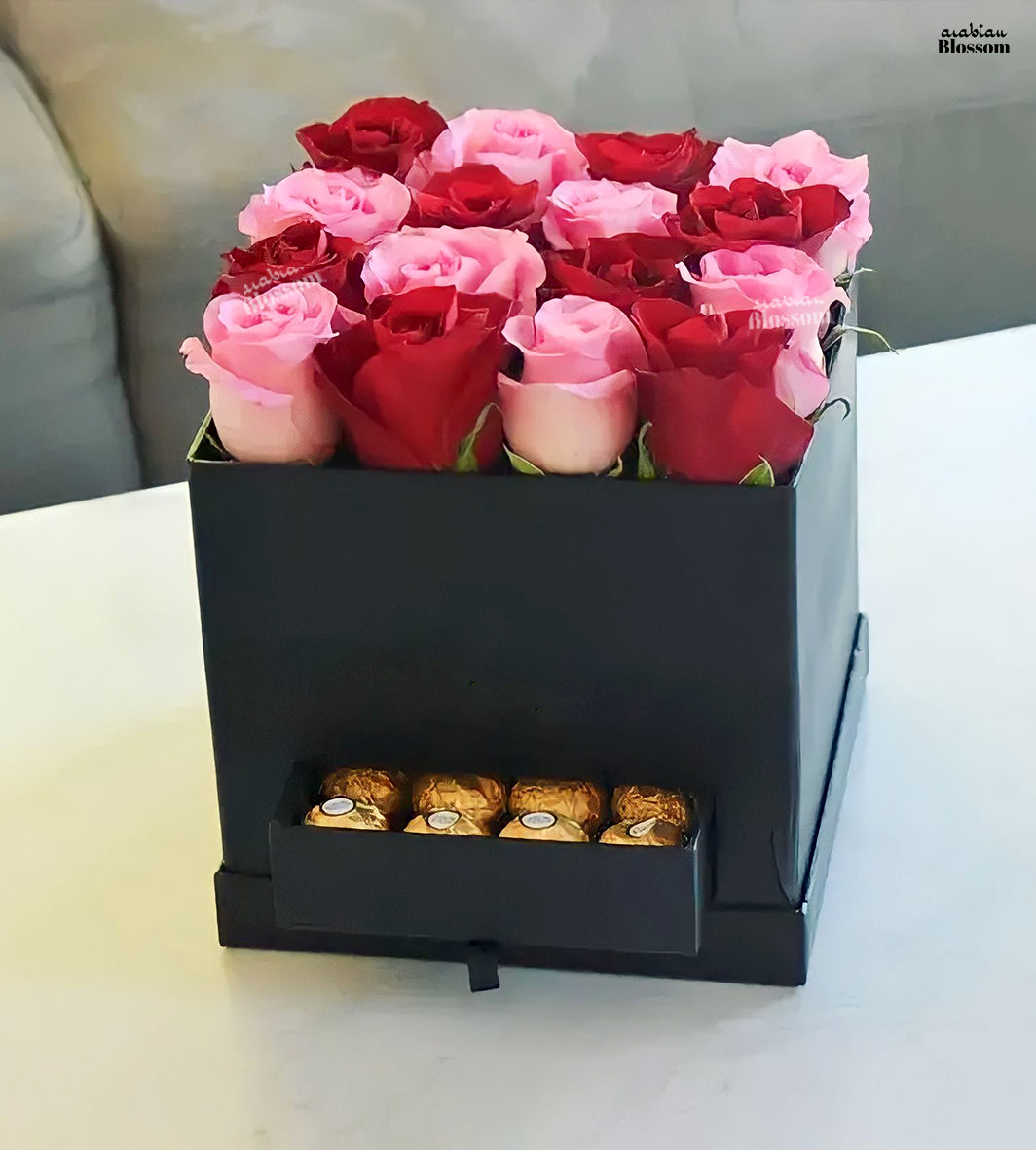 16 Red and Pink Roses with 16 Ferrero Rocher Love Box