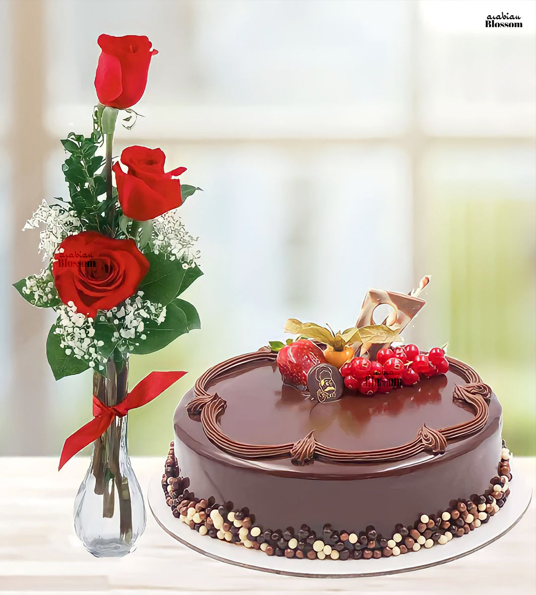 3 Red roses with Chocolate cake Combo