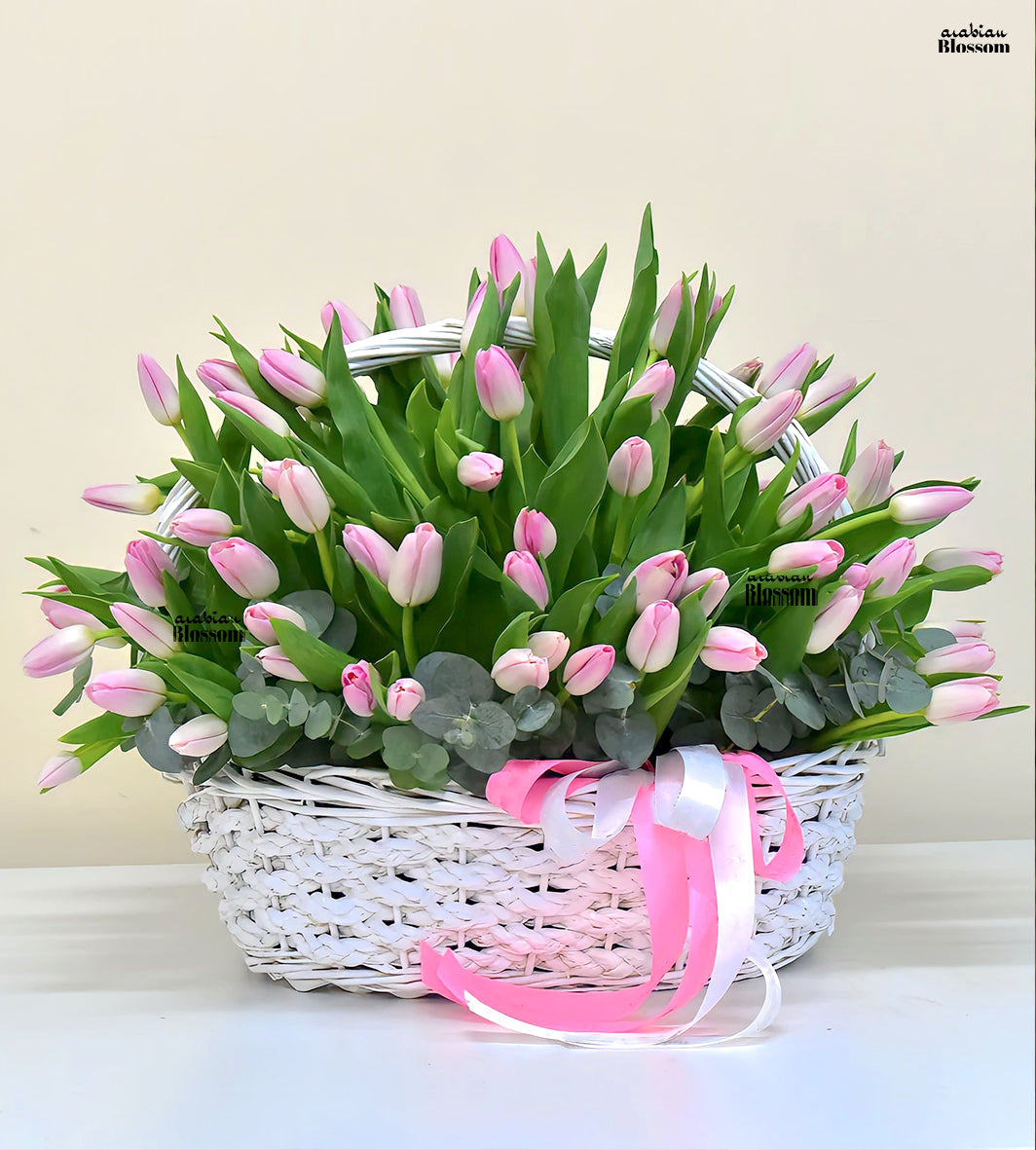 Pink Tulips in a Basket