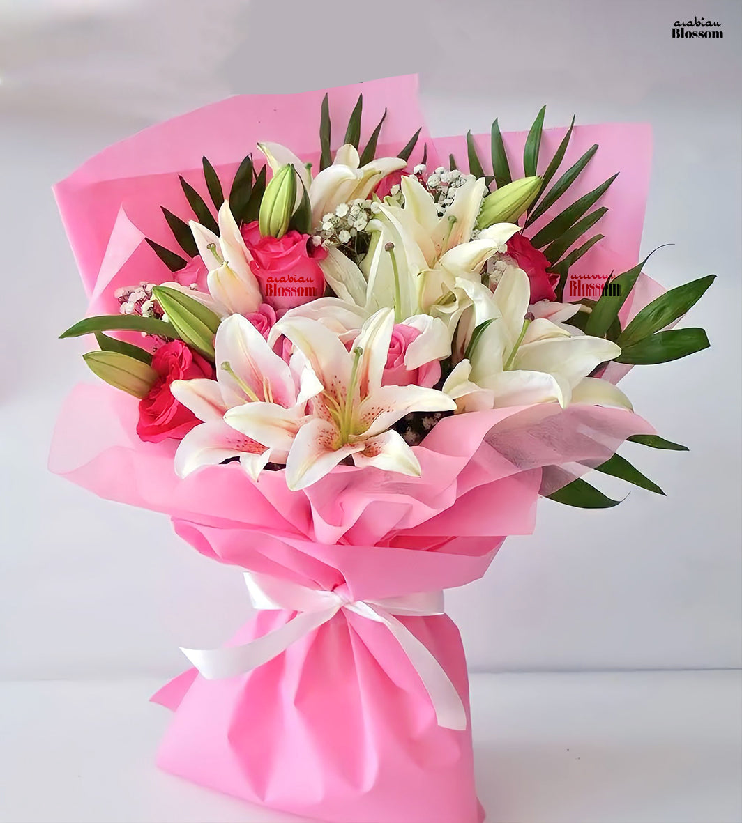 lily and white rose bouquet 4 White Lilies and 10 Pink Roses Bouquet