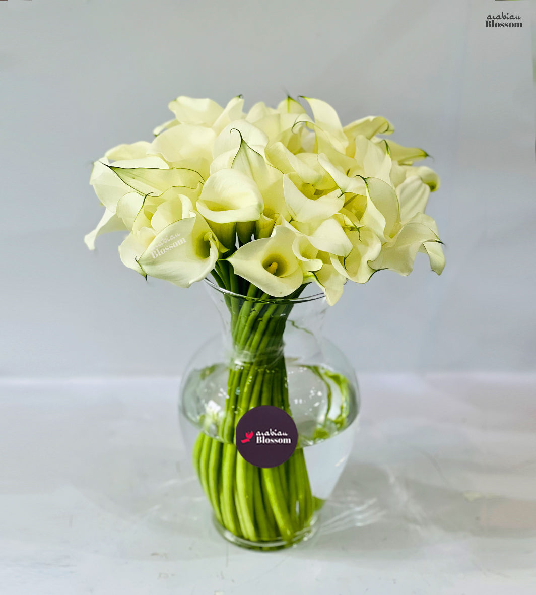 White Calla Lilies in a Matka Vase