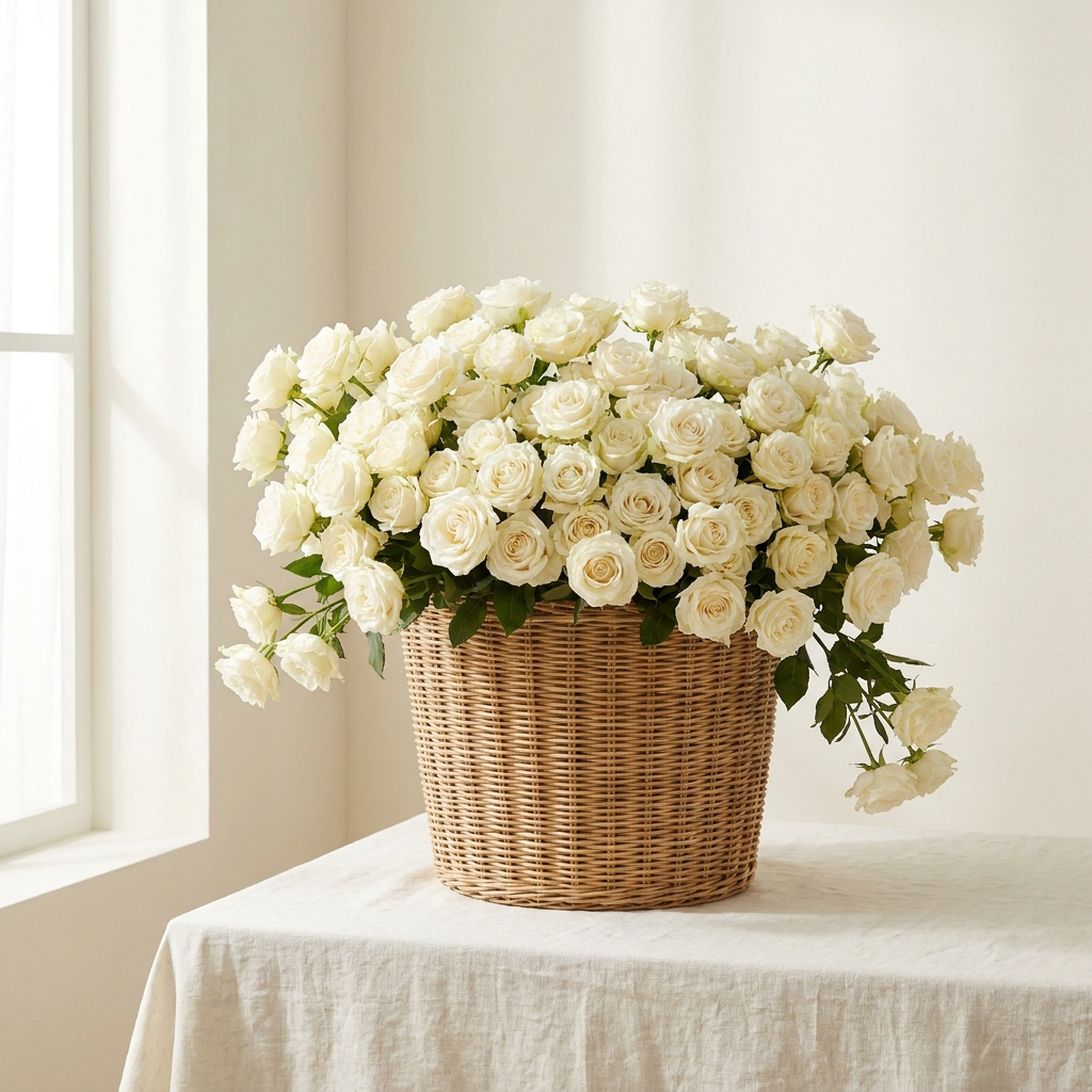 Grand White Roses Basket - luxury editorial styling