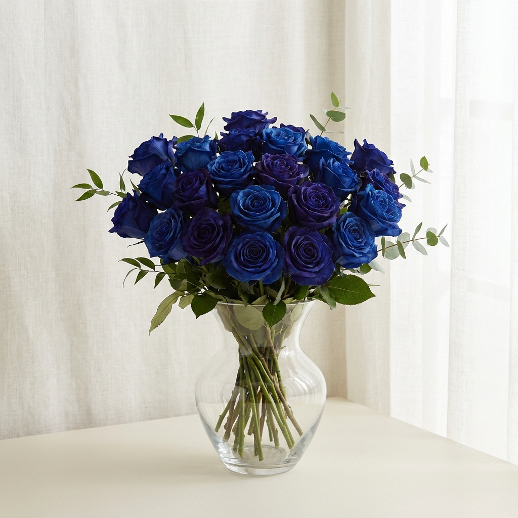 25 Blue Roses In a Vase - Arabian Blossom