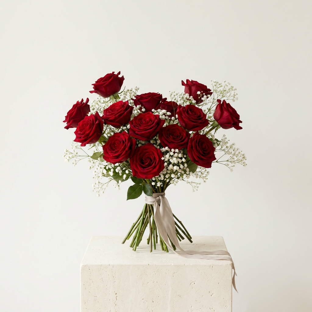 Red Roses and Gypsophila 12 Stems Vase Arrangement
