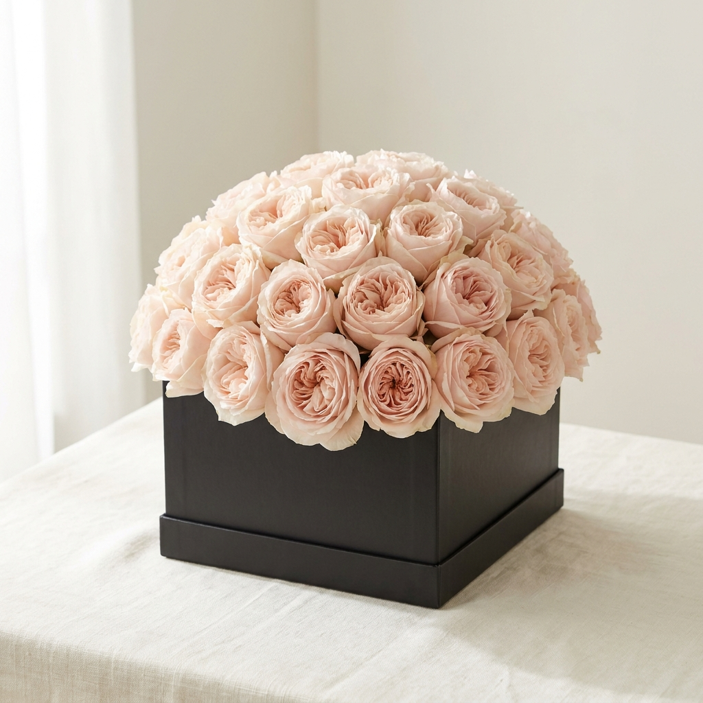 Arrangement of 30 Pink Roses In a Black Box