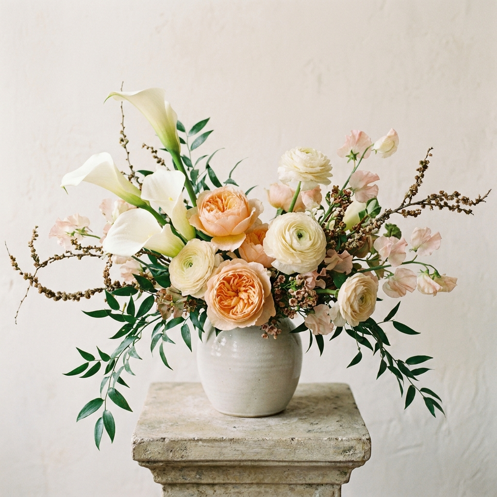 Graceful White Lilies and Peach Roses Bouquet