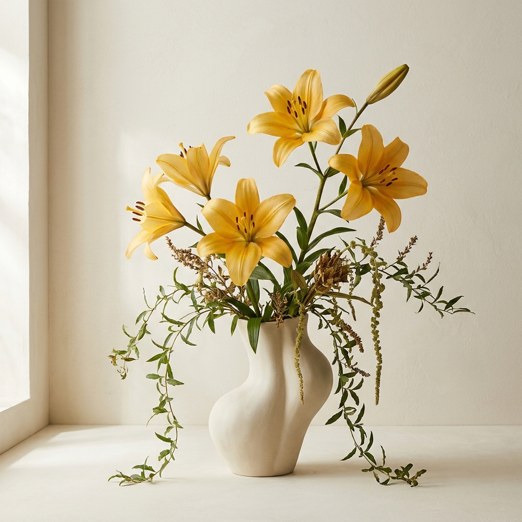 5 Yellow Lilies In a Vase