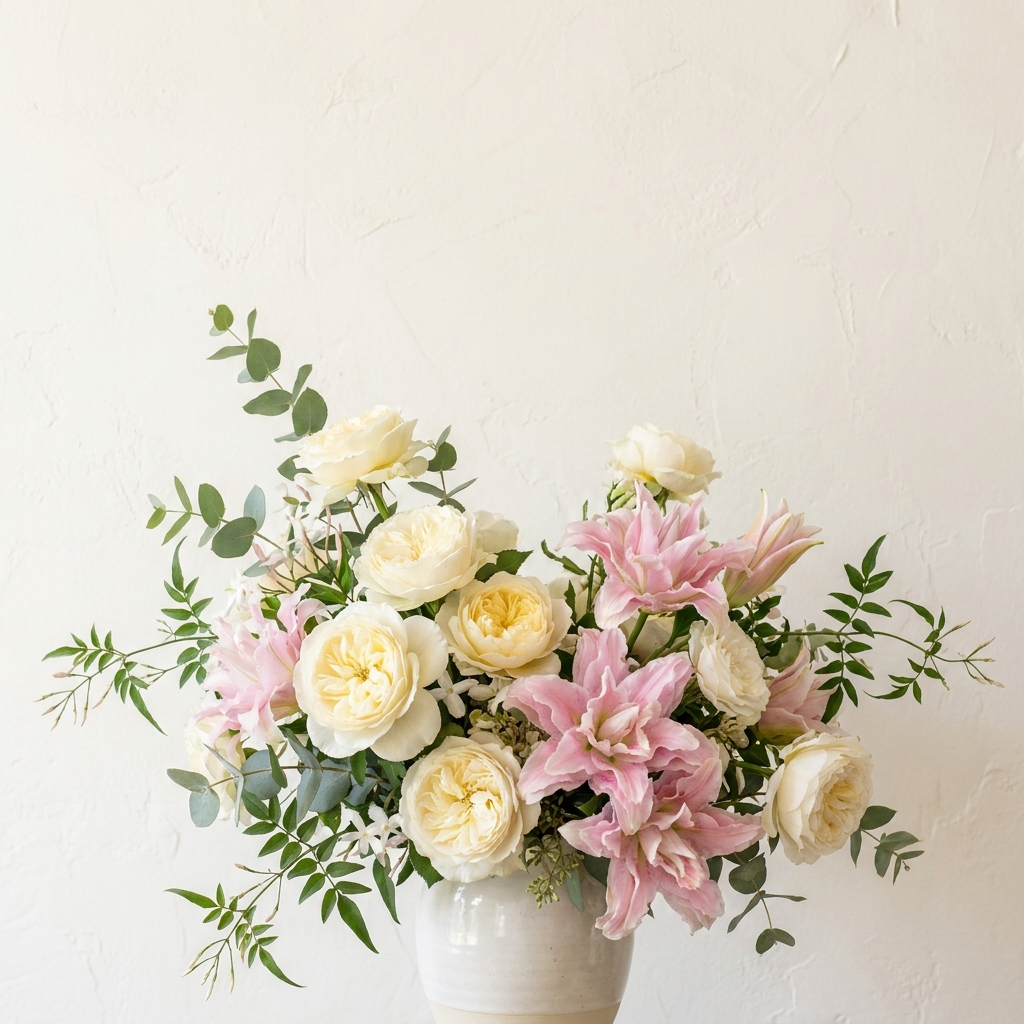 Bouquet of White & Yellow Roses & Pink Lilies