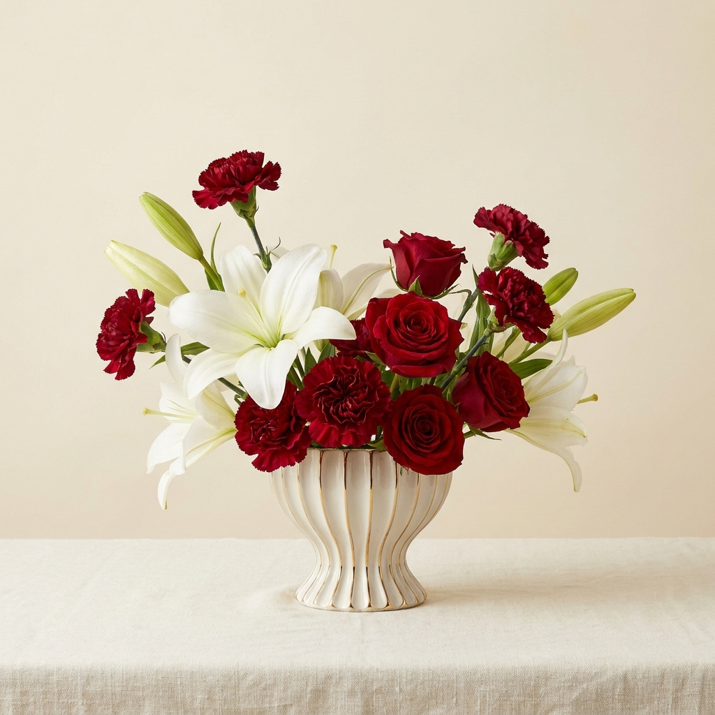White Lilies, Red Carnation and Red Roses In a Premium Vase