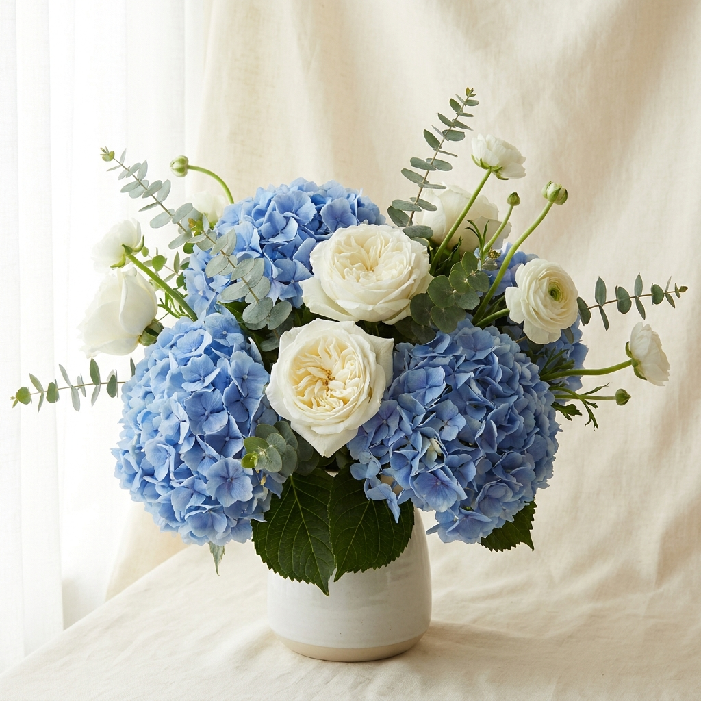 Blue Hydrangea & White Roses Premium Bouquet