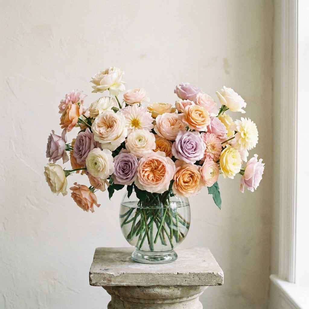 50 Mix Color Roses in a Glass Vase