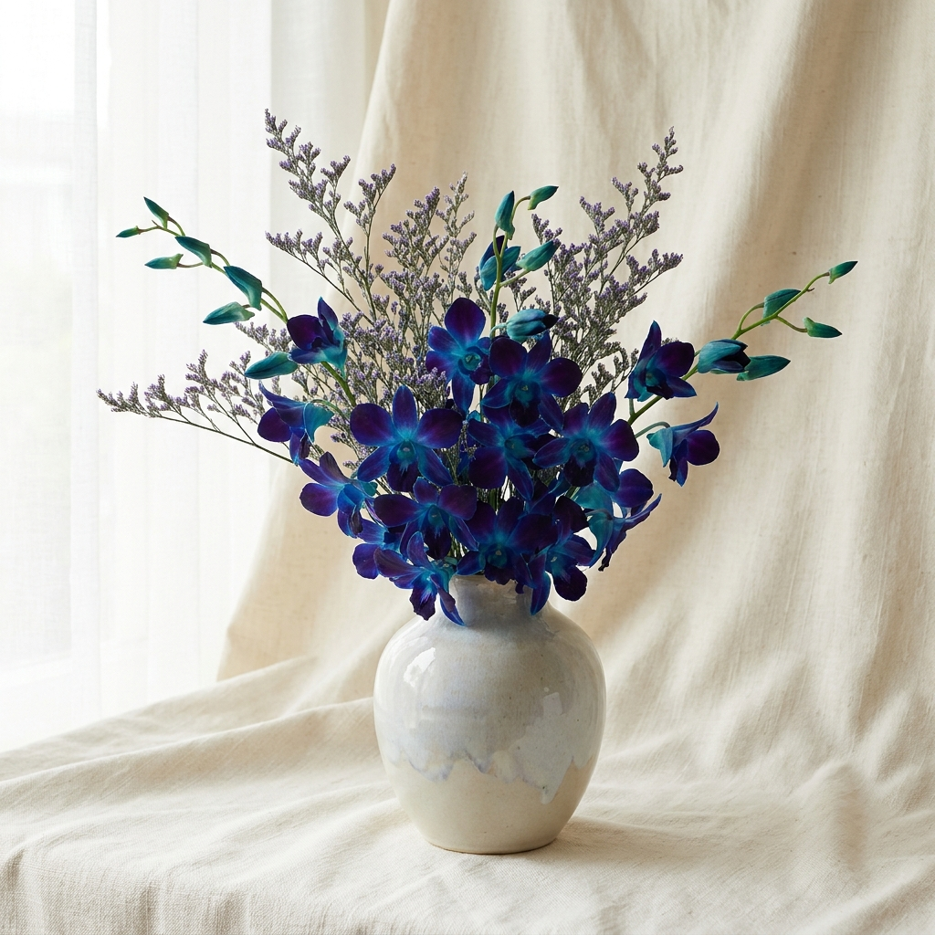 Blue Orchids & Purple Statice In a Vase