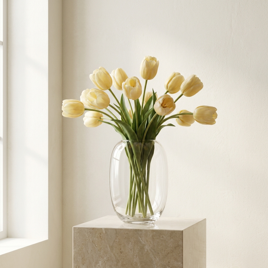 10 Yellow Tulips In a Glass Vase