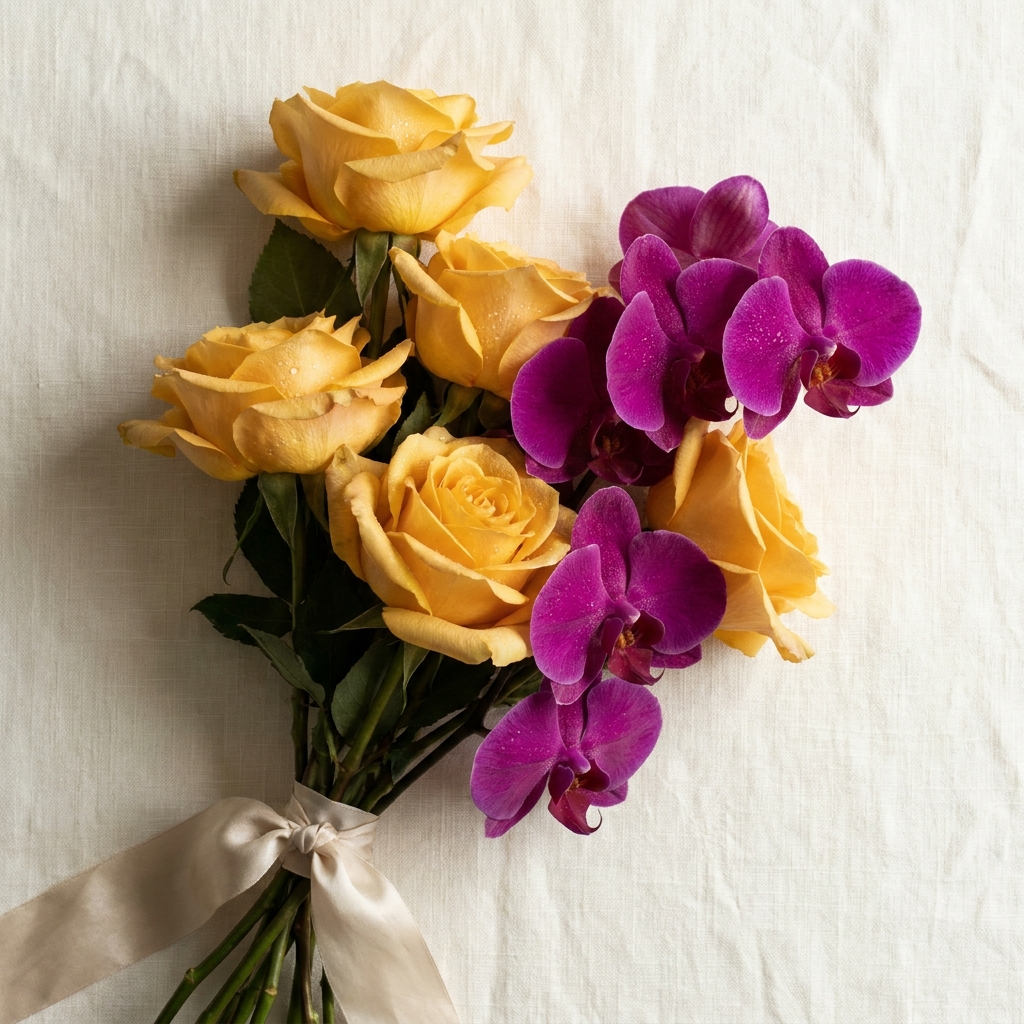 5 Yellow Rose & 5 Purple Orchid Bouquet