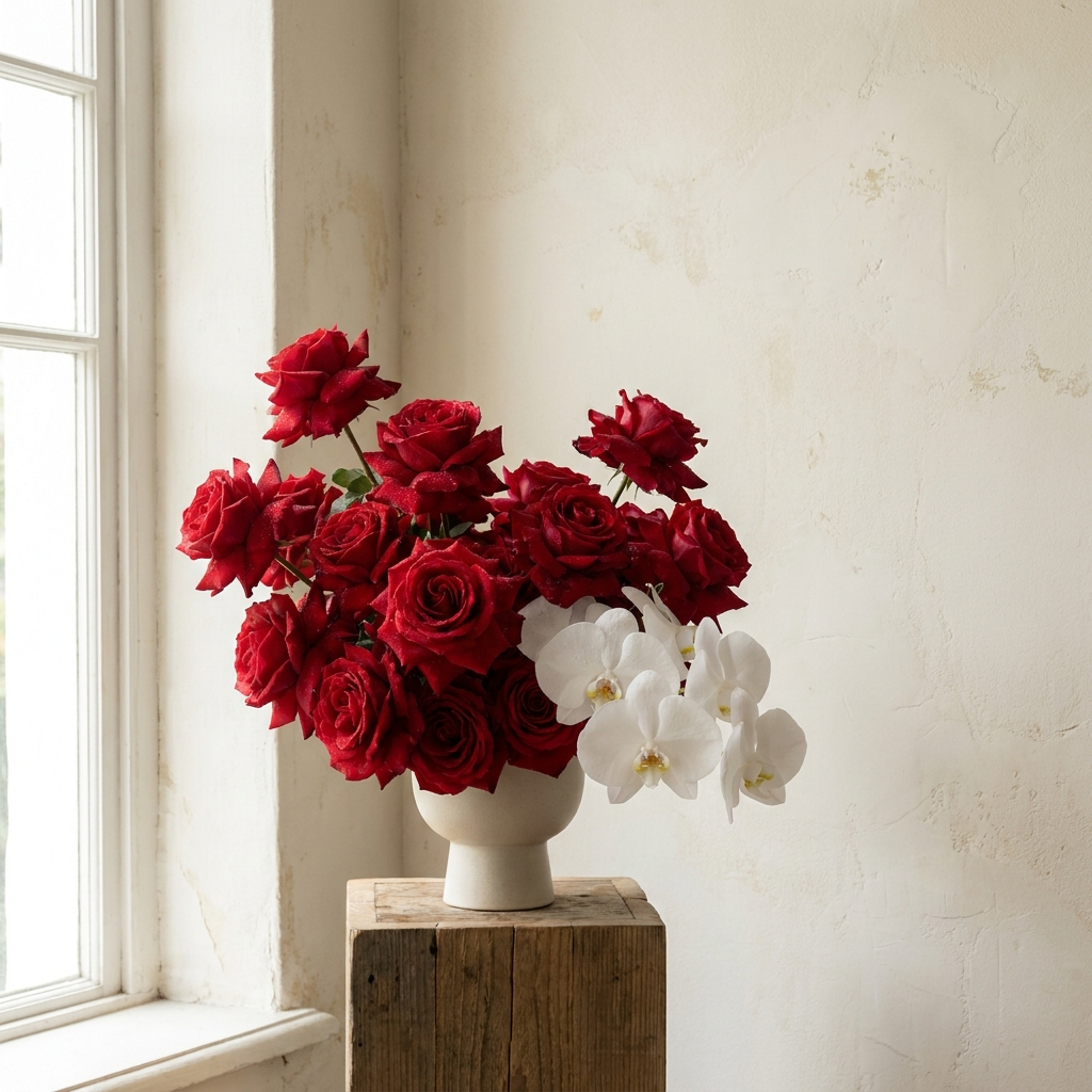 100 Red Roses And 2 White Cut Orchid Flowers