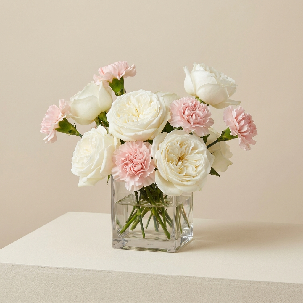 White Roses & Pink Carnation In a Cube Vase