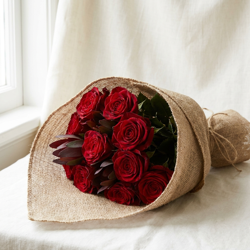 Red Roses with Jute Wrapping