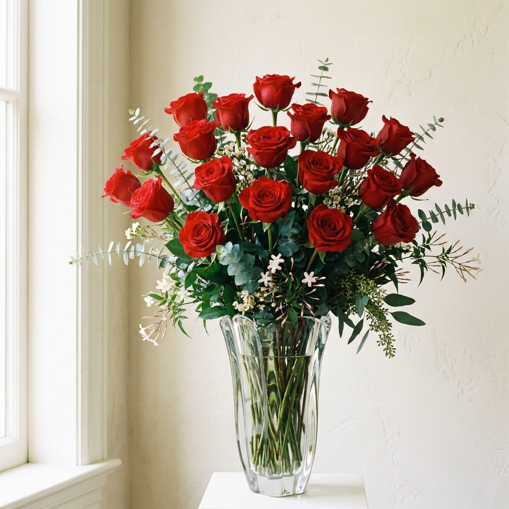20 Long Stem Red Roses With Fillers in a Vase
