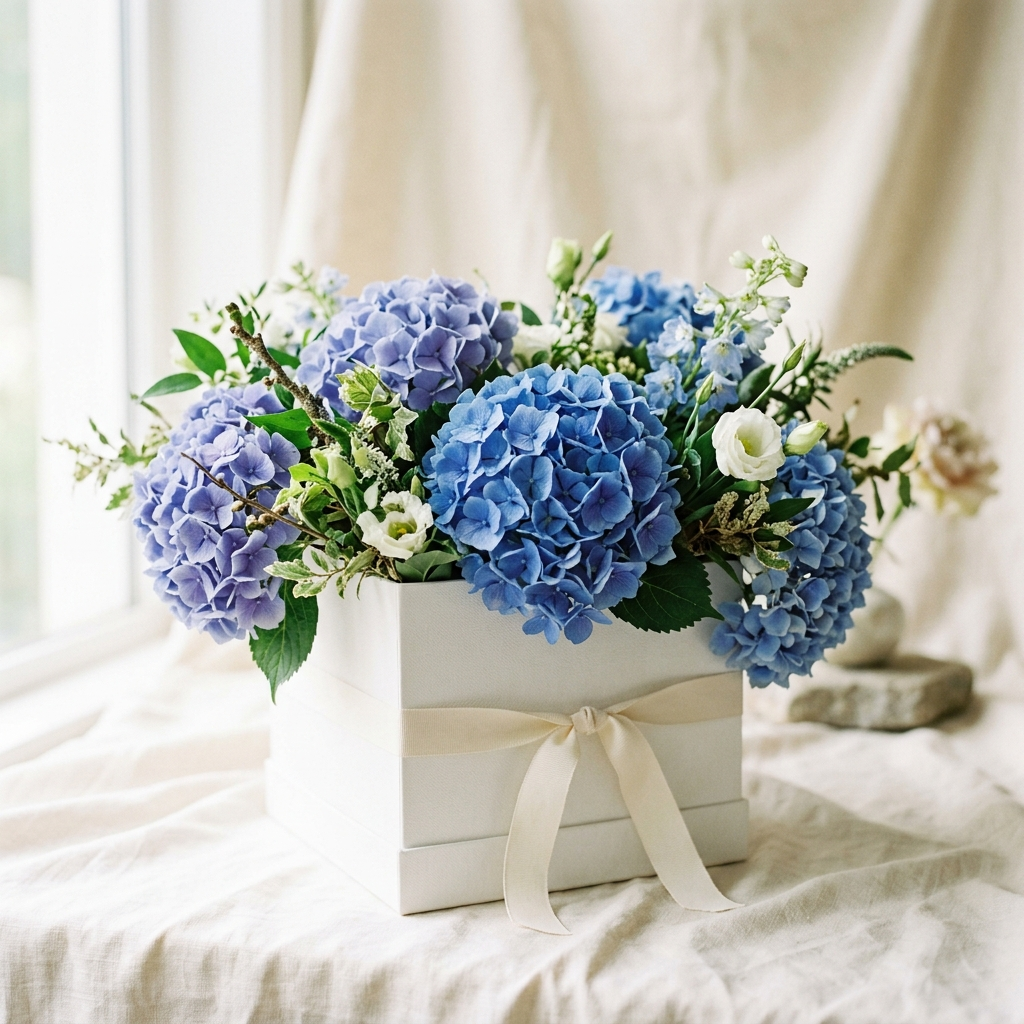 Blue Hydrangea in a White Box