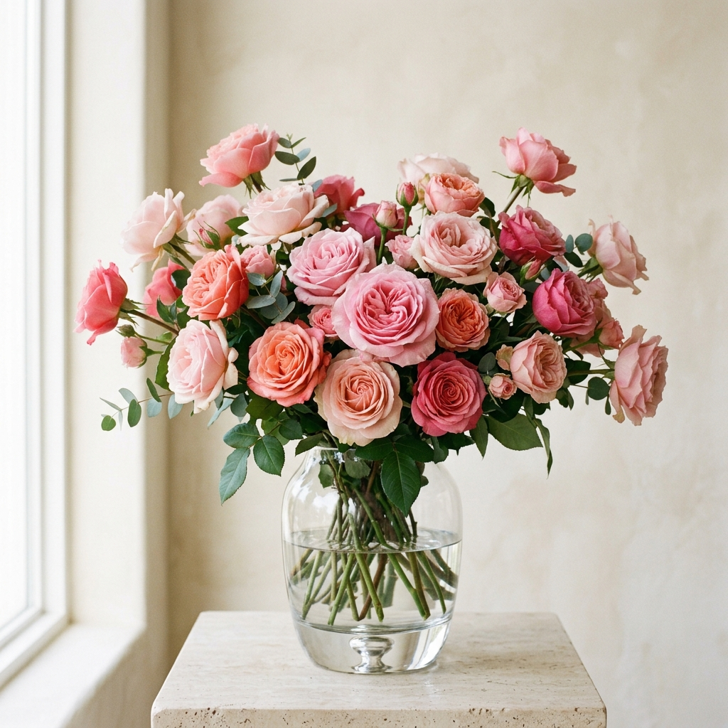 50 Pink Roses In a Glass Vase