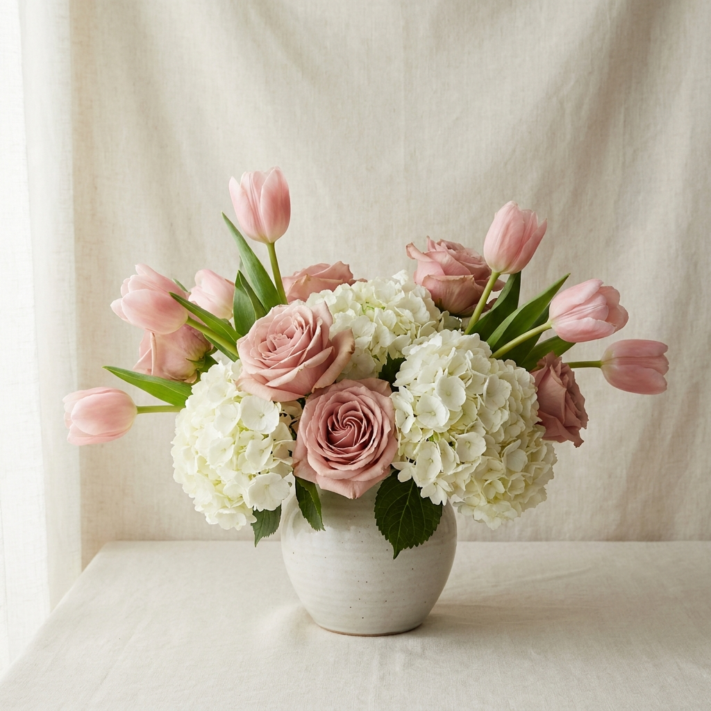 Pink Tulips Roses White Hydrangeas