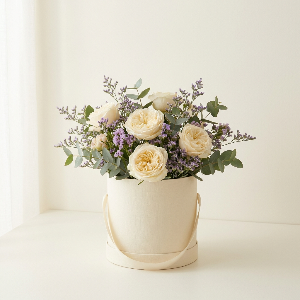 Roses and Purple Statice In a Box
