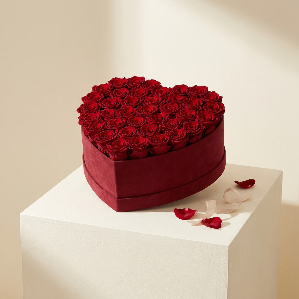 50 Red Roses in Heart Box