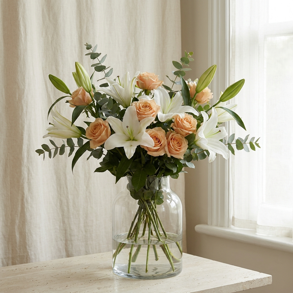 Lilies and Peach Roses in a Vase