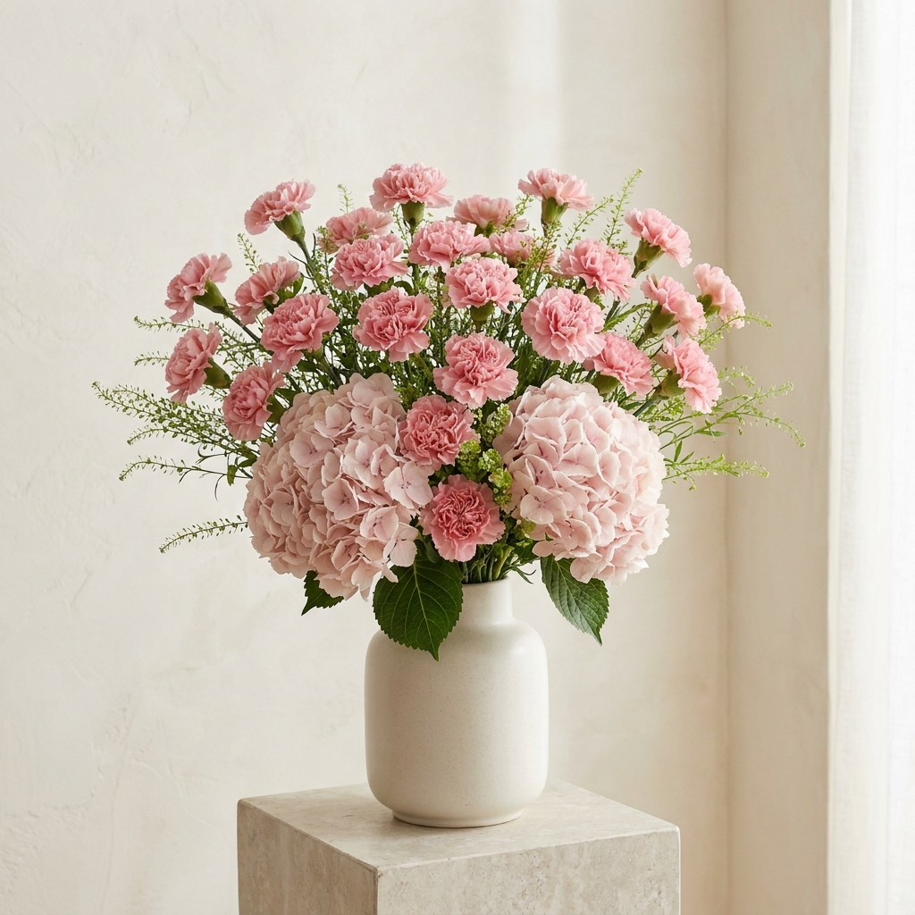 Pink Carnations and Hydrangeas