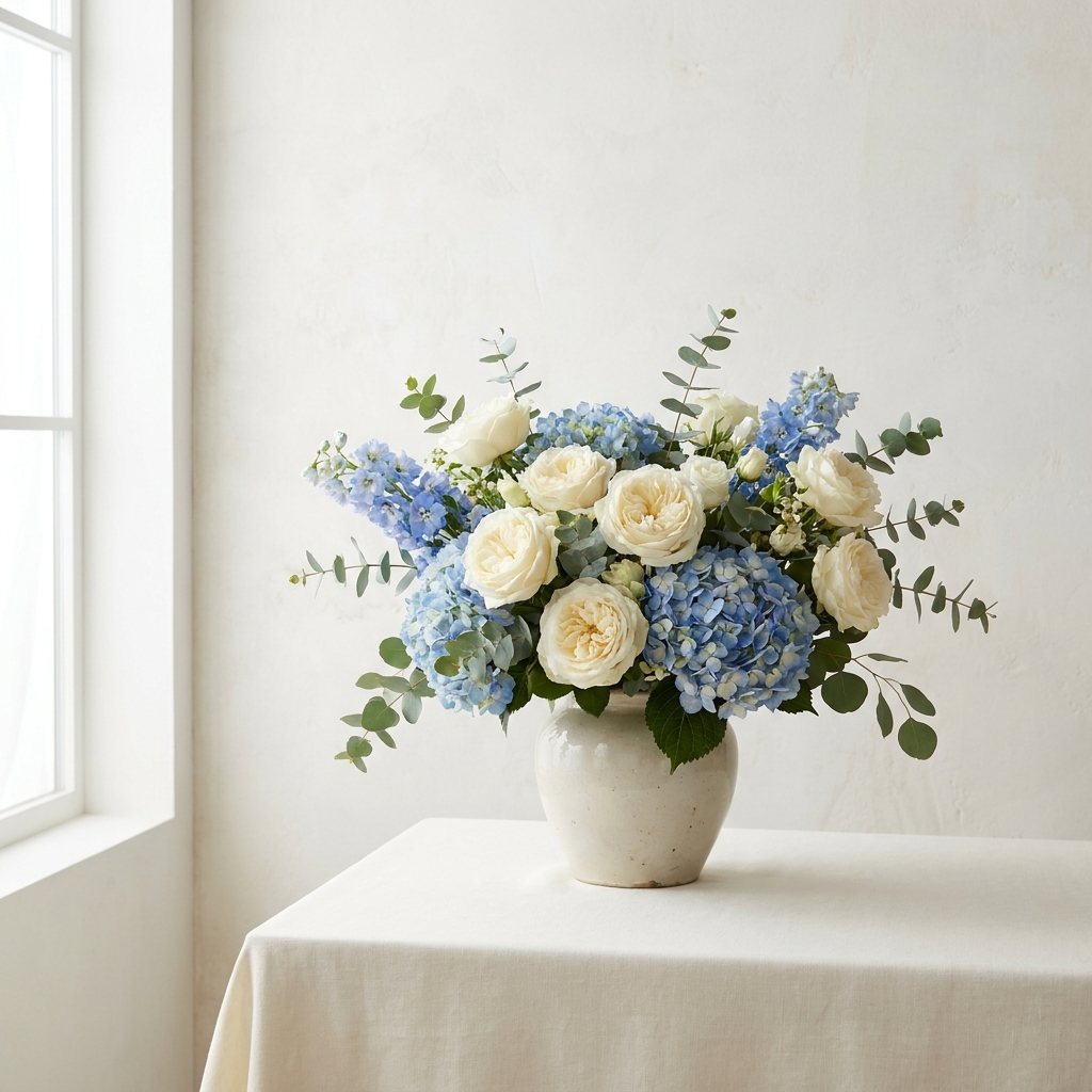 White Roses and Blue Hydrangeas