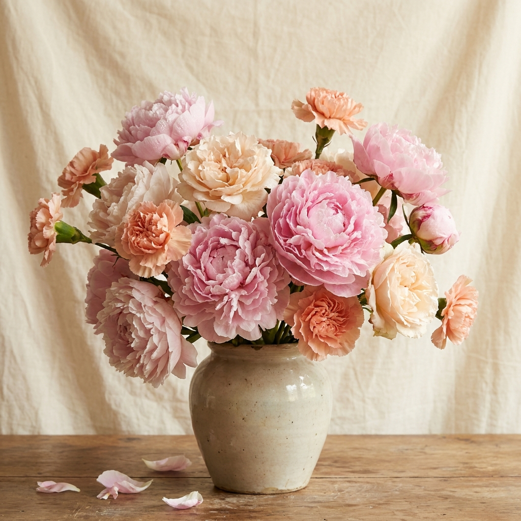 Pink Peonies and Peach Carnations