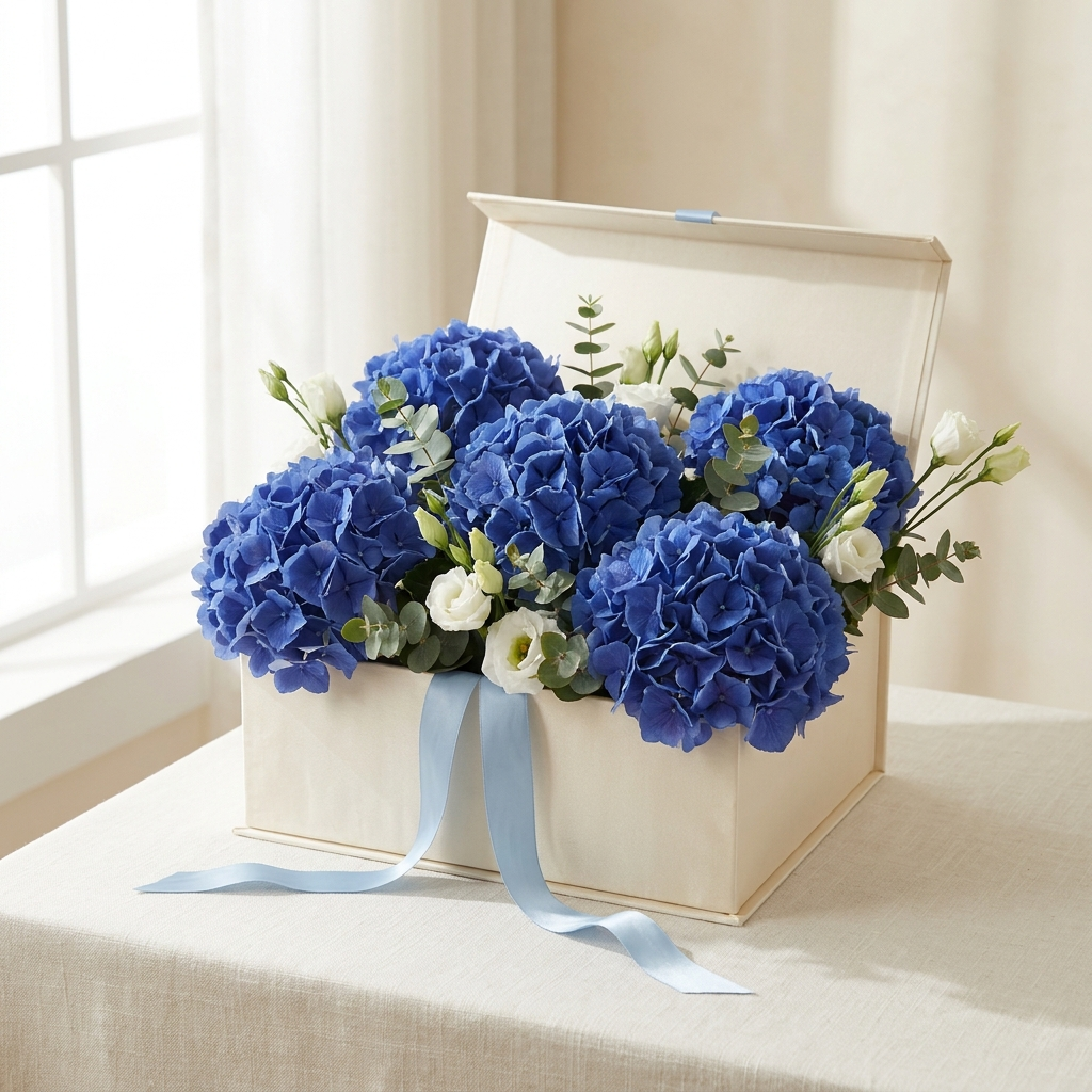 6 Blue Hydrangeas In a Box