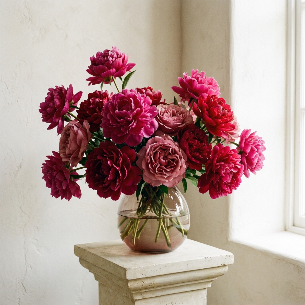 Dark Pink Peonies In a Glass Vase