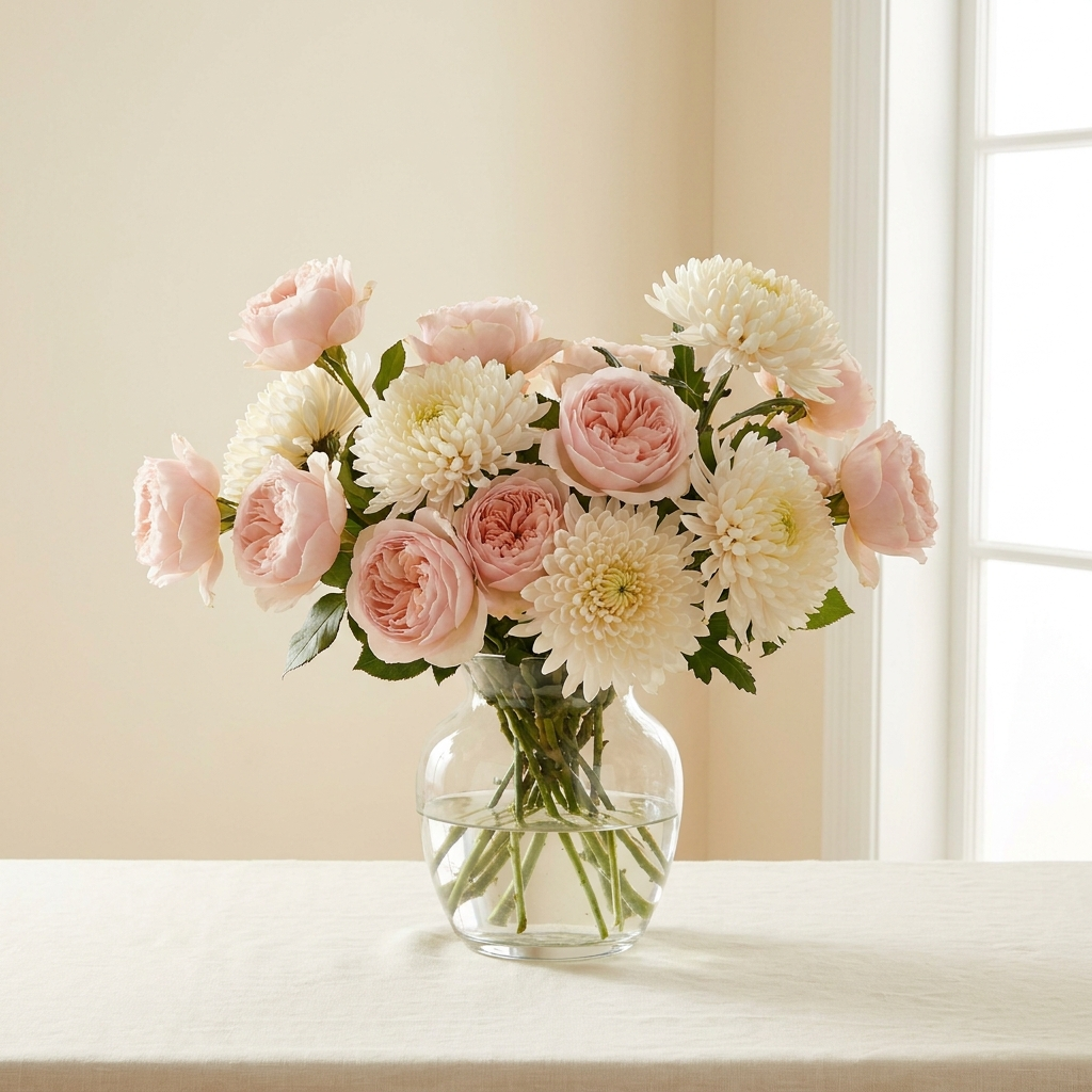 Pink Roses and White Chrysanthemum In a Vase