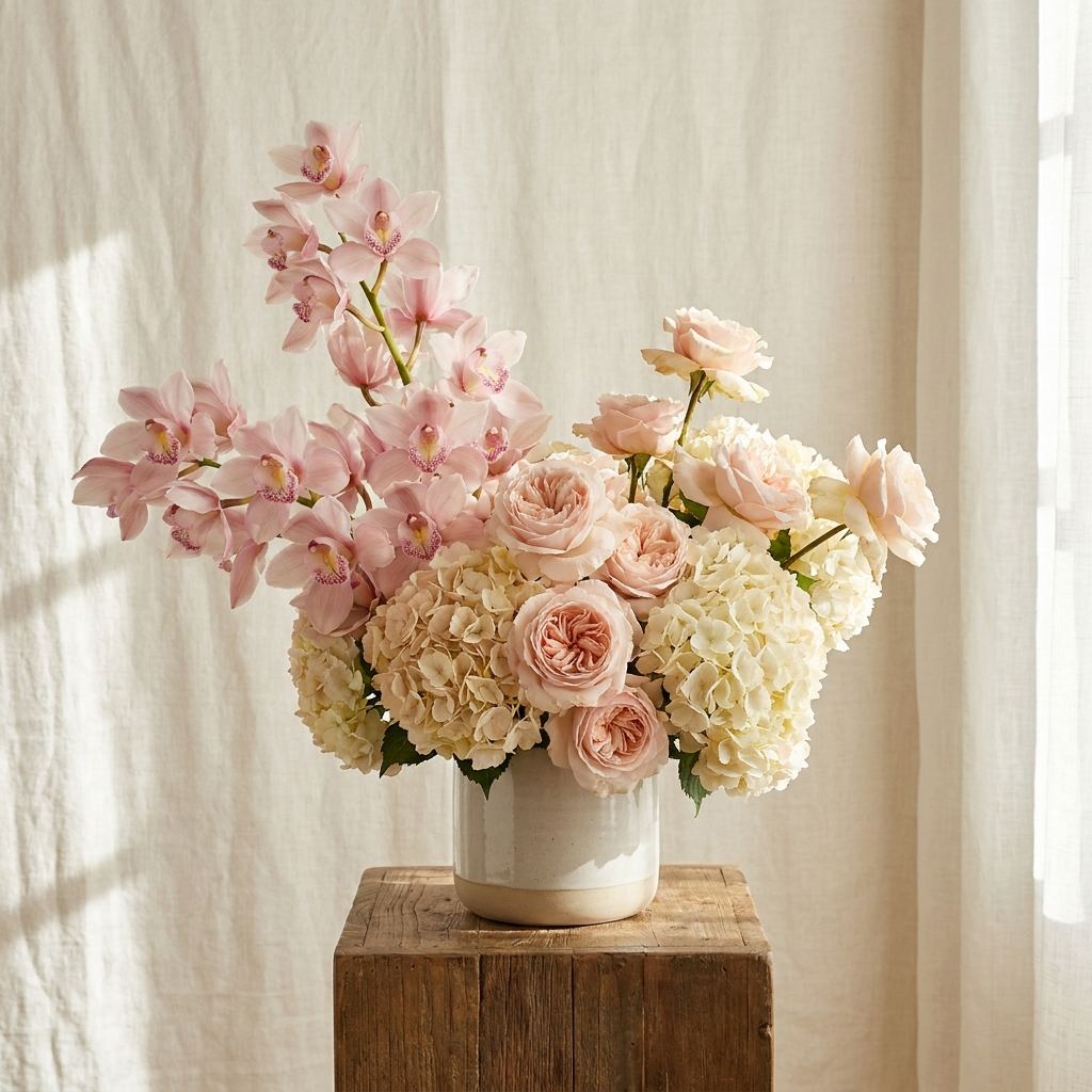 Pink Cymbidium with Roses and Hydrangeas