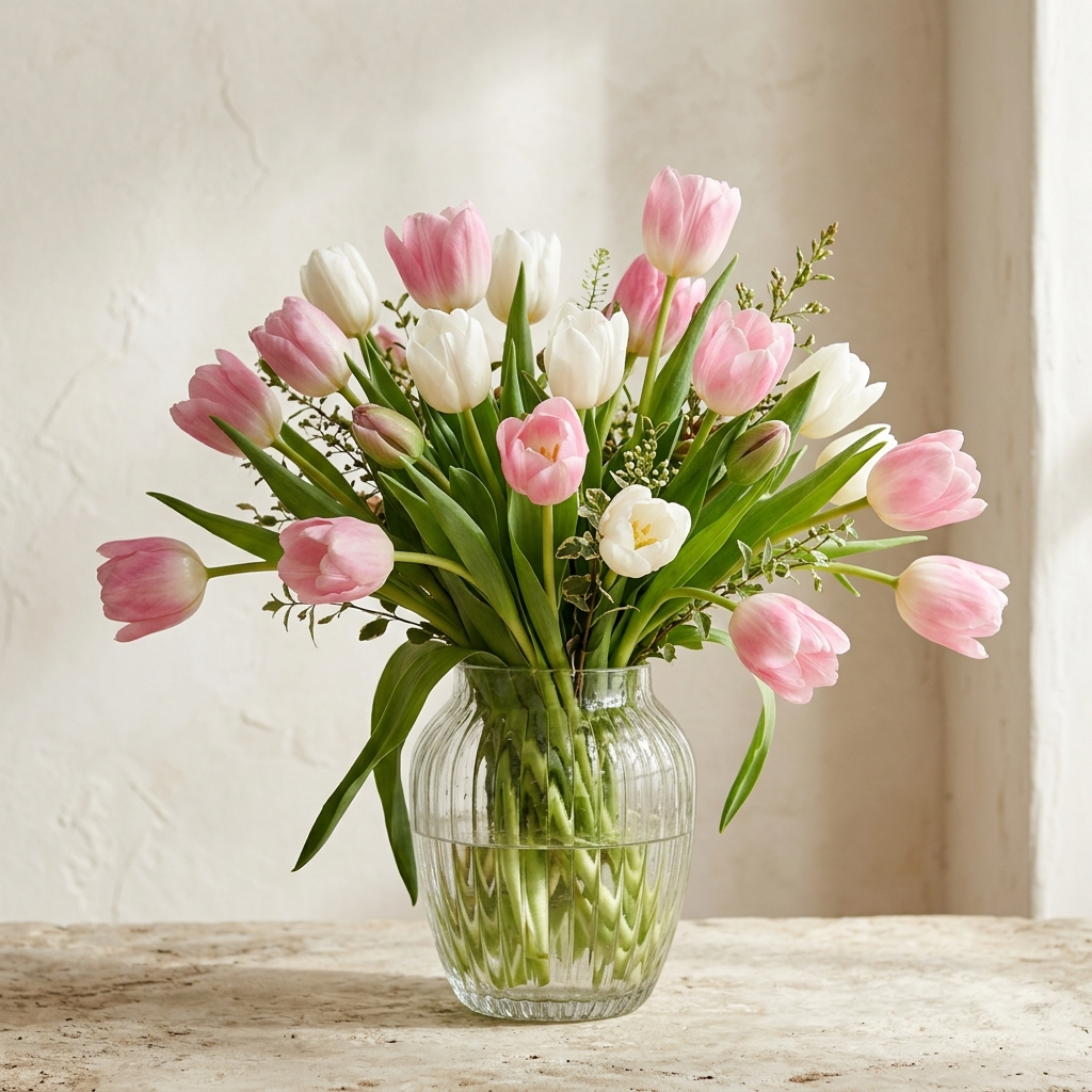 Pink and White Tulips in a Glass Vase