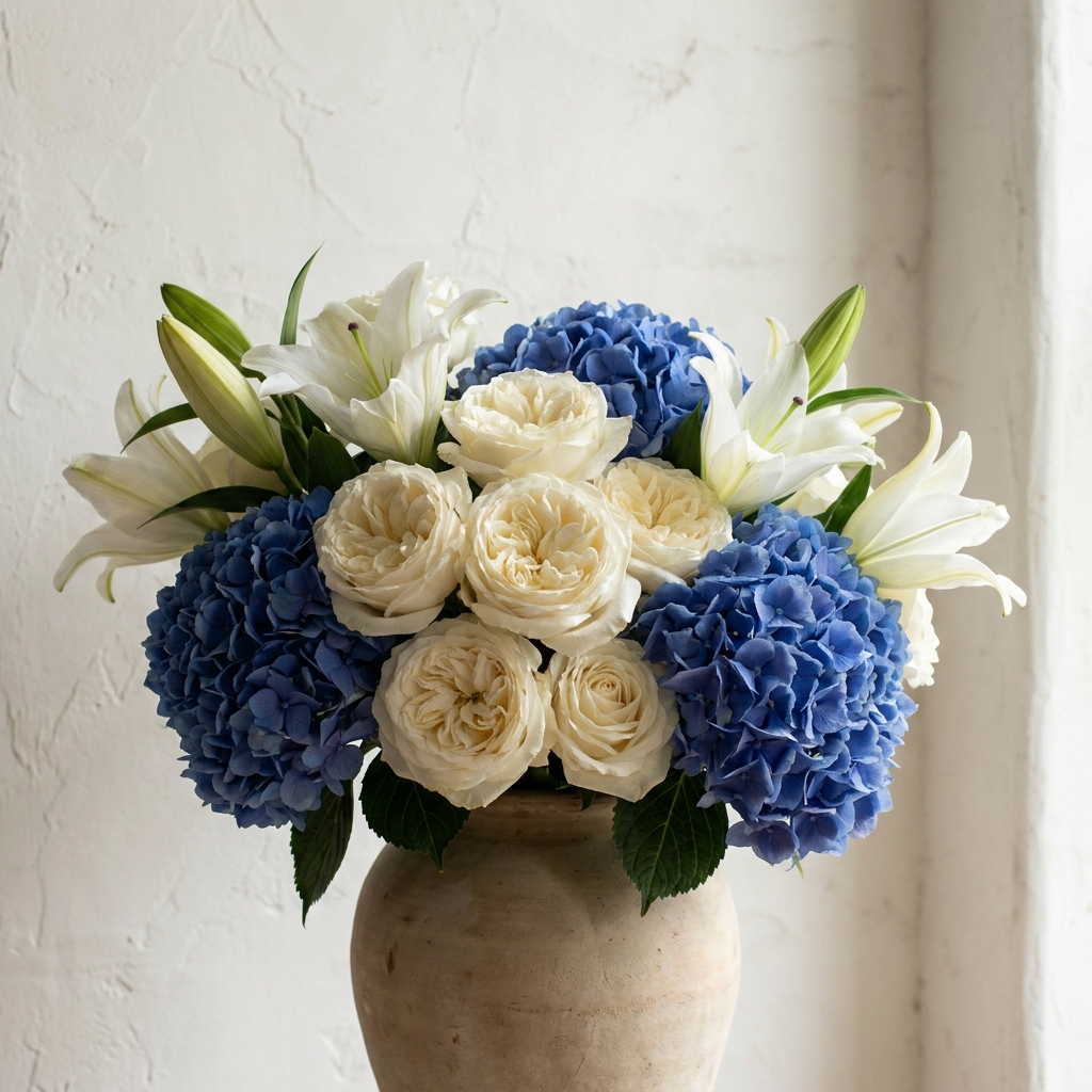 White Roses and Lilies with Blue Hydrangea