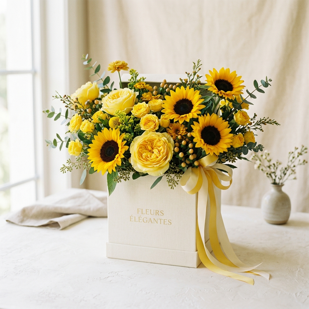 Yellow Roses and Sunflowers In a Box