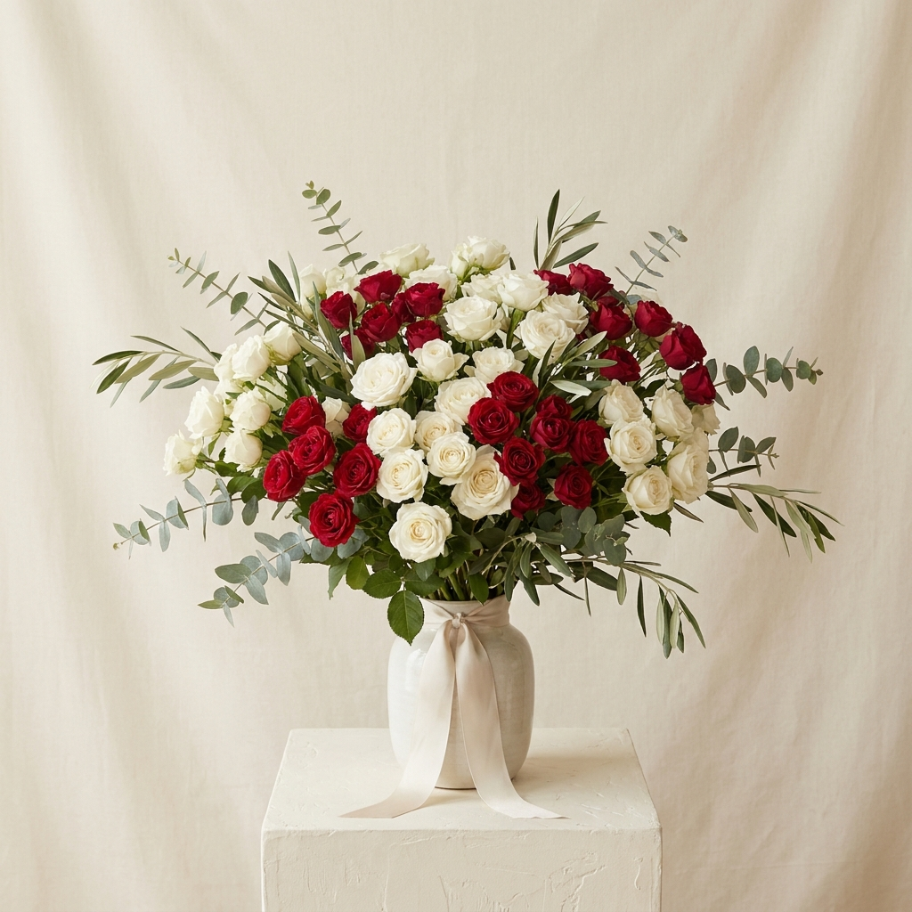 50 White and Red Spray Roses