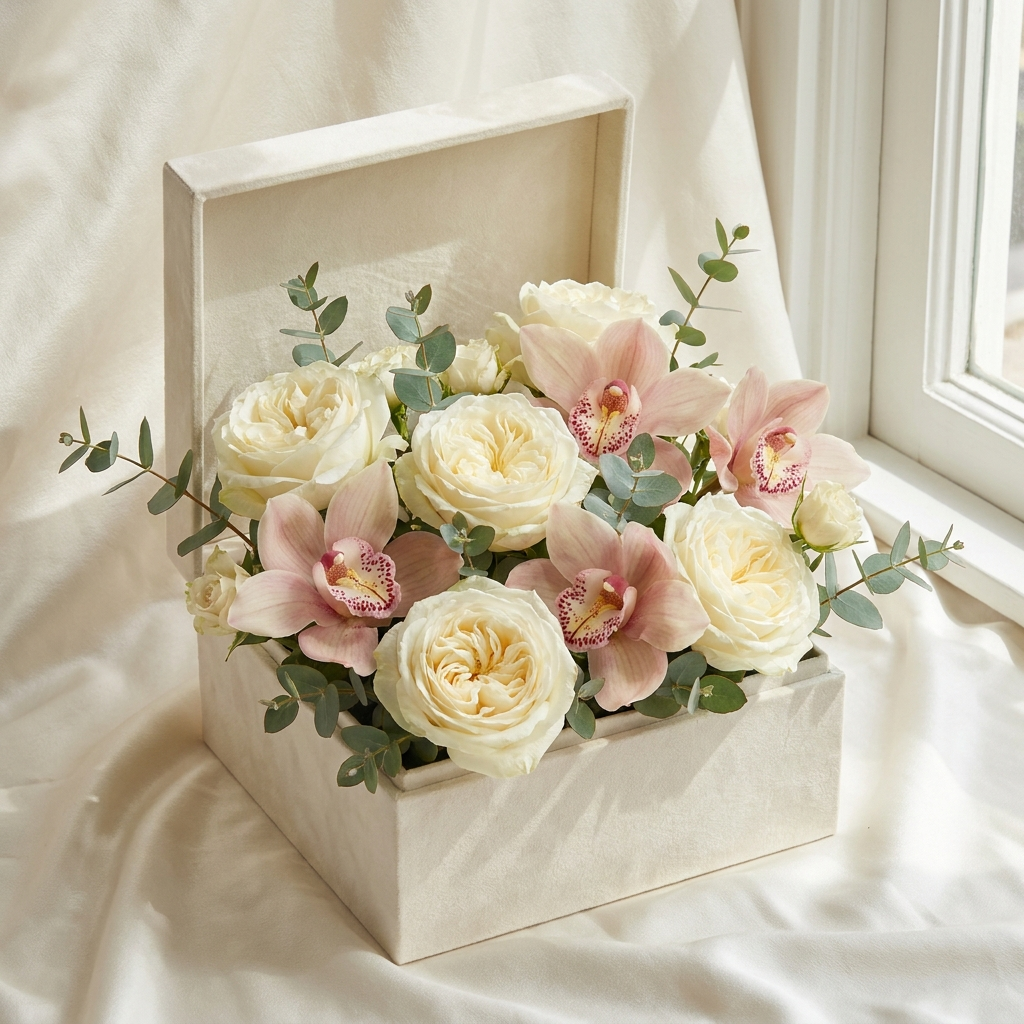 White Roses and Pink Cymbidium In a Box