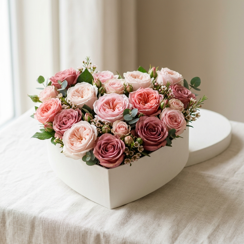 Pink Roses in White Heart Shape Box
