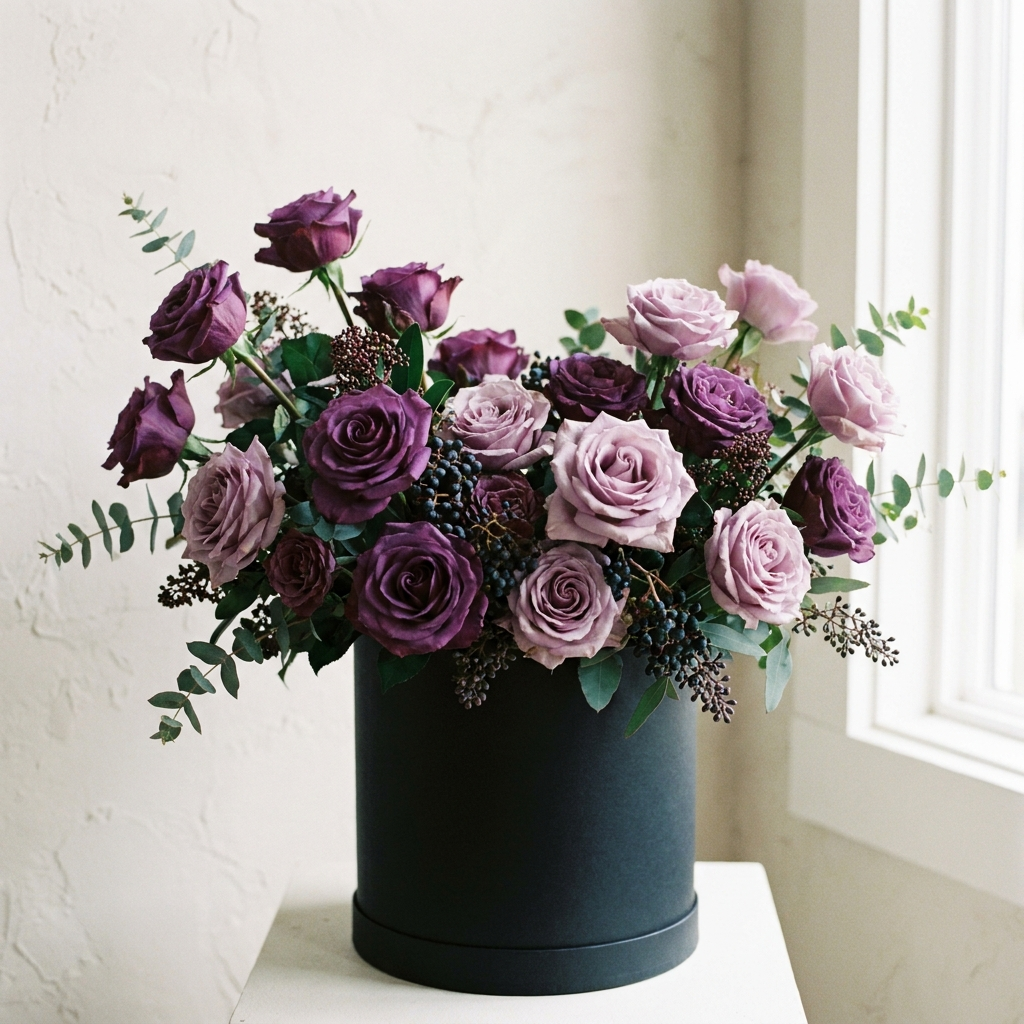 Purple Roses in Black Round Box