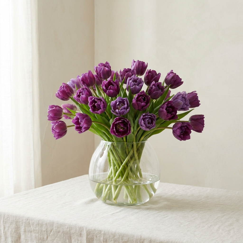 30 Purple Tulips in a Vase