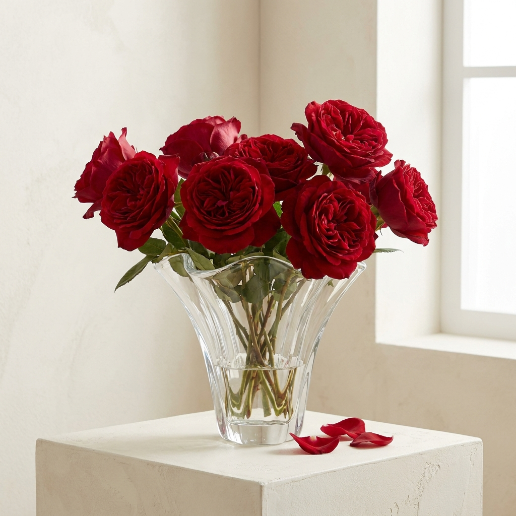 Red Roses in Glass Vase