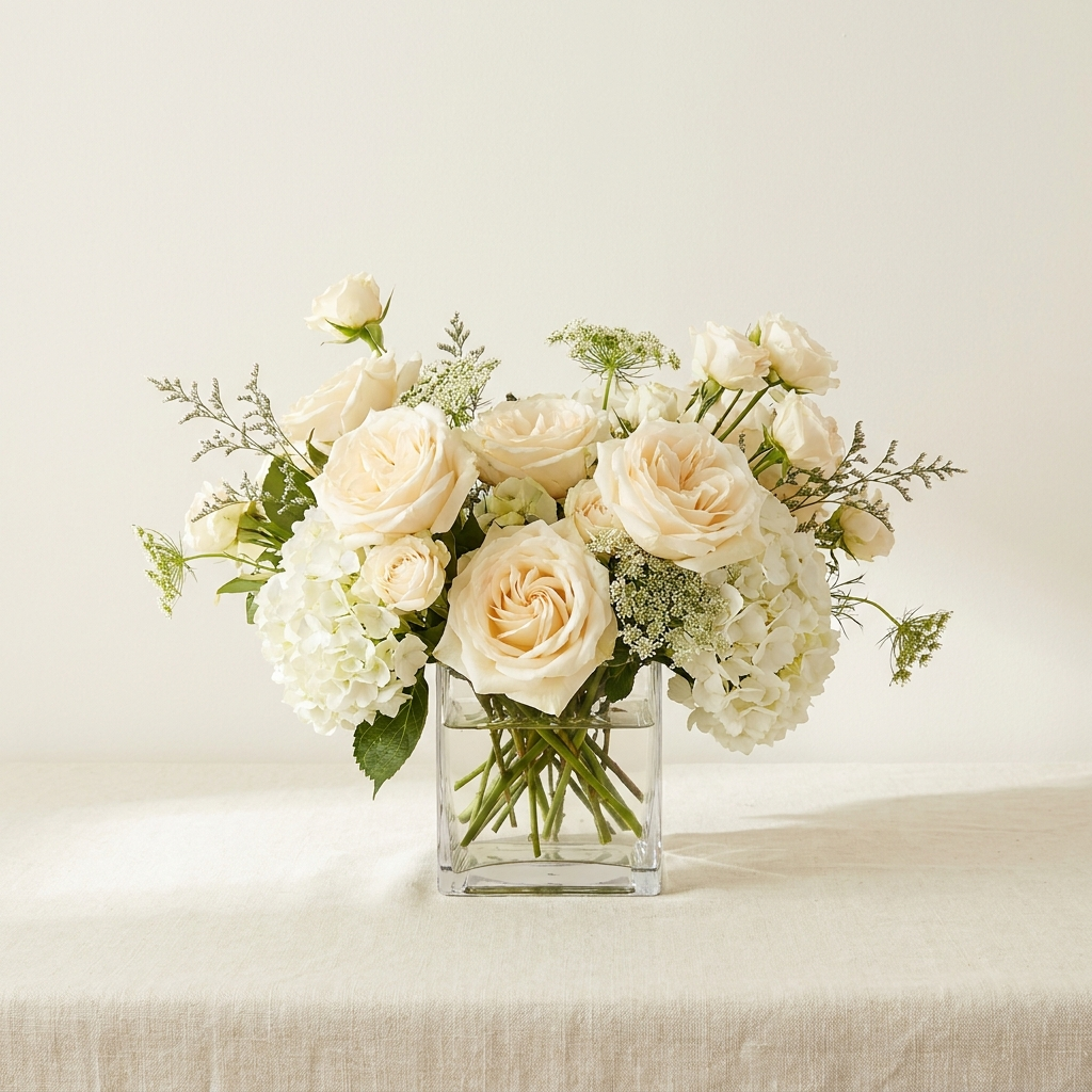 Roses and Hydrangea In a Cube Vase