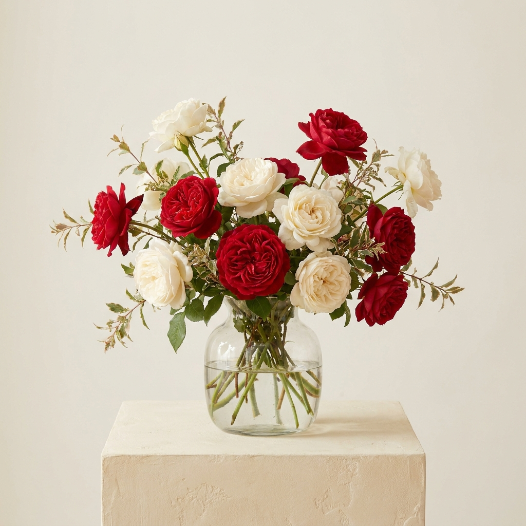 Mix of Red and White Roses In a Vase