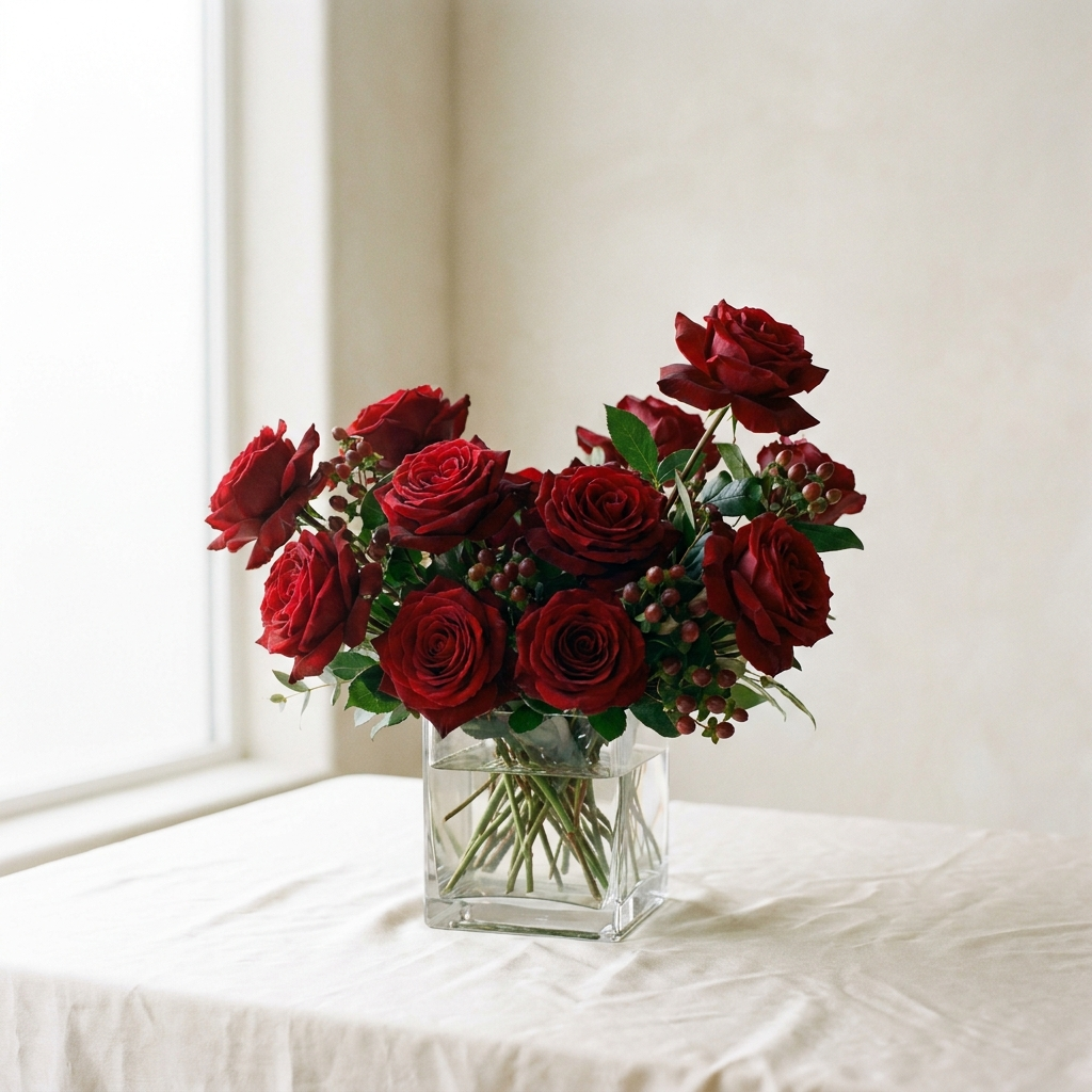 Red Roses in a Cube Vase