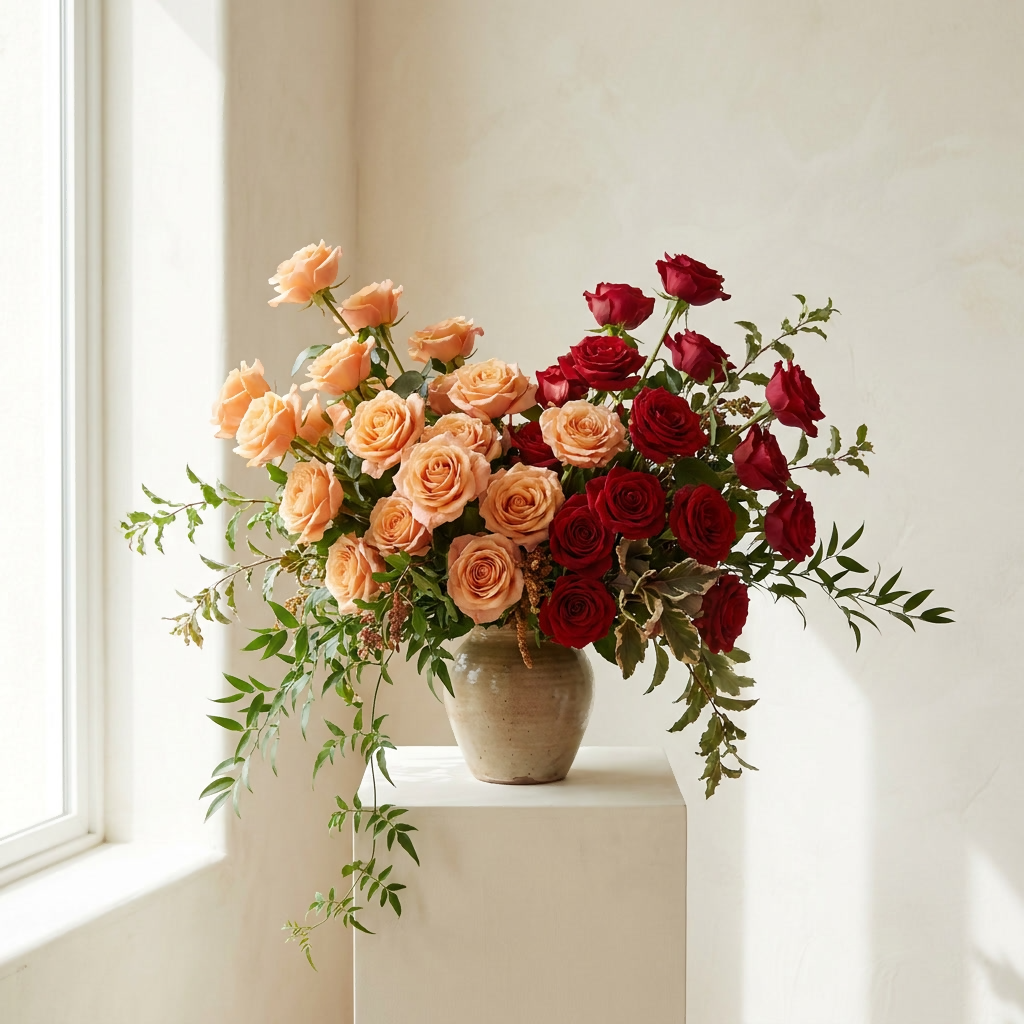 60 Peach and Red Roses